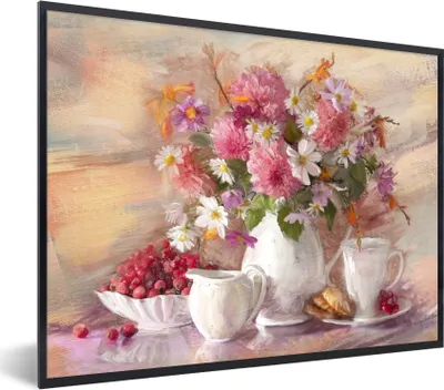 Produktbild von MuchoWow® Gerahmtes Poster Gemälde - Blumen - Vase - Ölfarbe 80x60 cm - Poster mit Schwarzem Bilderrahmen Wandposter Rahmen Foto Bilder - Schwarzem - Mit Gestell