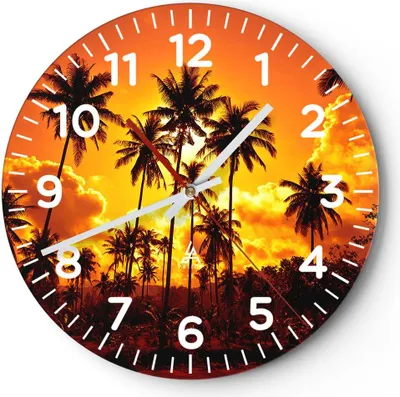 Produktbild von Wanduhr - Rund - Glasuhr - Palmen Bäume Sonne - 30x30cm - Schleichendes Uhrwerk - Lautlos - zum Aufhängen bereit - Dekoration Modern - Wanddekoration aus Glas - C4AR30x30-0187