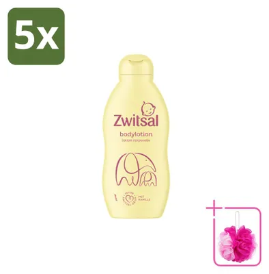 Imagen del producto de 5 unidades de loción corporal para bebés Zwitsal, enriquecida con manzanilla, 200 ml por unidad, pack económico