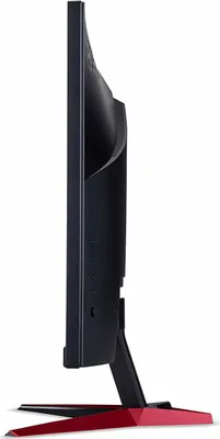 Side view of a black computer monitor with a red stand.
