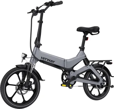 A studio shot of a gray folding electric bicycle against a white background.