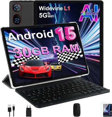 Produktbild von Tablet 10 Zoll Android 15 mit Tastatur, 30GB RAM, 64GB ROM, 2TB Erweiterbar, Gemini AI, Widevine L1, GPS, Face ID, WLAN, USB-C