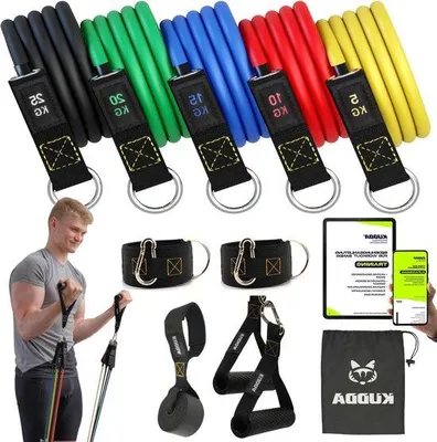 Produktbild von Famanu Fitnessbanden Set - 5 Widerstandsbänder mit Handgriffen, Türanker und Fußriemen - Ideal für Pilates und Krafttraining
