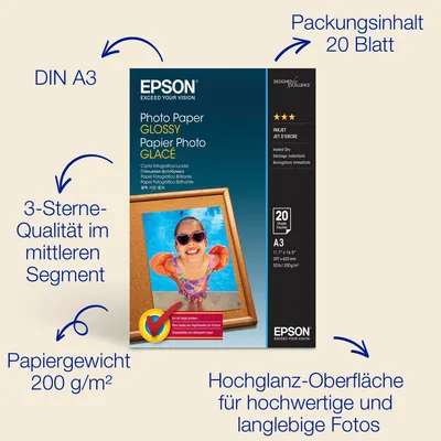 Produktbild von Epson A3 Glossy Photo Paper 200 g/m2, 20 Blatt, Glanz, 200 g/m², A3, Kalender, Office printing, Photo collage, Photo gifts, Seasonal decorations and gifts, Foto, 20 Blätter, Stylus Photo 1200, Stylus Color 1160, Stylus Photo 1270, Epson Stylus Pro 7000, Epson Stylus Pro...