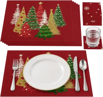 Imagen del producto de Manteles individuales y posavasos, juego de 6 unidades, con motivos de árboles de Navidad, decoración para la mesa de la cocina