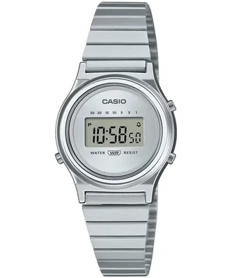 A close-up studio shot of a silver Casio digital watch with a metal band, displayed against a white background.