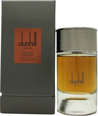 A bottle of Dunhill Signature Collection British Leather Eau de Parfum for men and its packaging.