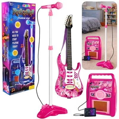 Produktbild von Rosa E-Gitarre mit Mikrofon und Verstärker
