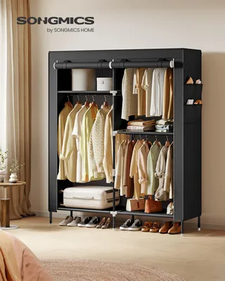 Produktbild von SONGMICS Stoffschrank mit Kleiderstange, Kleiderschrank mit Seitentaschen, Schrank für Schlafzimmer, 3 Hängefächer, schwarz