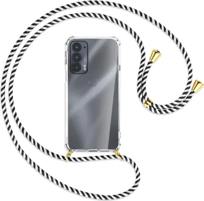 Produktbild von Handykette Backcover-Schutzhülle mit Band (Metall goldfarben) für Motorola Edge 20 - schwarz/weiß gestreift