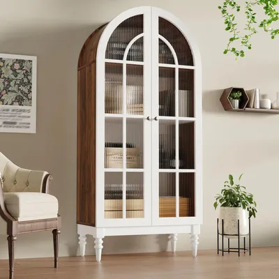 Imagen del producto de Vitrina tipo aparador de 165 cm con puertas dobles de vidrio estriado, color blanco