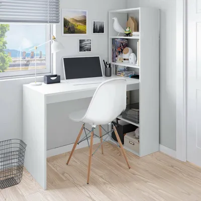 Produktbild von Schreibtisch Denton, Wendeschreibtisch mit Bücherregal mit 5 Böden, Studier- oder Bürotisch für PC-Buchhalter, 120x53h144 cm, Weiß