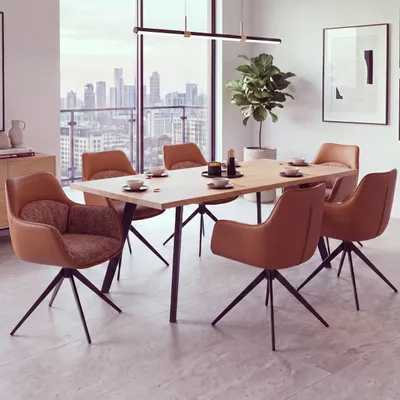Productafbeelding van Set van 6 eetkamerstoelen, model HWC-R23, keukenstoel, draaistoel, stoel, draaibaar, kunstleer, stof, chenille (410 g/m²), kleur: terracotta