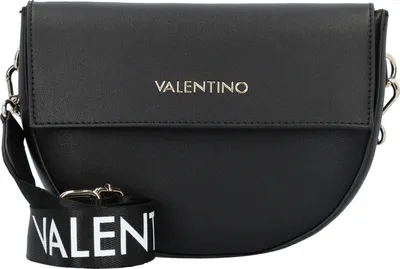 A black Valentino handbag with a branded strap is shown against a white background.
