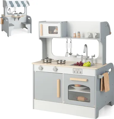 A children's play kitchen set, shown from a front-facing angle, with a smaller inset image showing an alternative configuration.