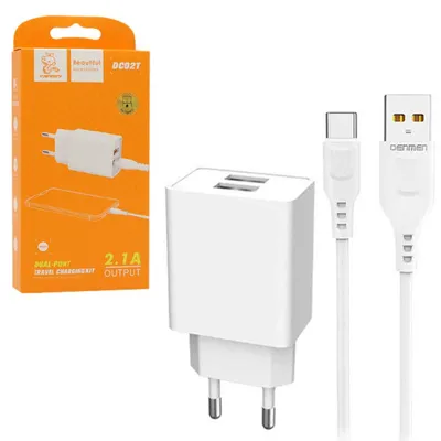 Zdjęcie produktu dla Ładowarka Sieciowa 2.1A 10W Biała Denmen 2100Ma 2Xusb Dc02 + Kabel Typ-C White