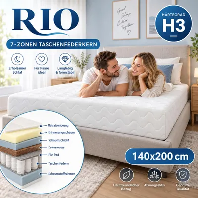 Produktbild von Taschenfederkern Matratze RIO 140x200x21 cm, 7 Zonen, Härtegrad H3, mit Bezug