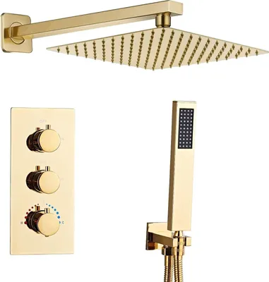 Produktbild von Unterputz Duscharmatur Set Gold mit Thermostat, Duschsystem Unterputz mit 25x25cm Regendusche, Duscharmatur Unterputz Komplettset mit Handbrause