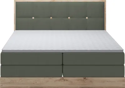 Produktbild von Schlafzimmer Bett Polsterbett ELLI – Modernes Kontinentalbett Aus Eichenholz, Mit 2 Stauraumfächern Und Komfortabler Matratze | 140x200 cm | Dunkelgrün