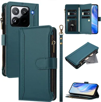 Immagine prodotto di Custodia per Xiaomi 15 Pro, con cerniera, portafoglio in Finto cuoio con tasche per carte, supporto e passante per la mano verde