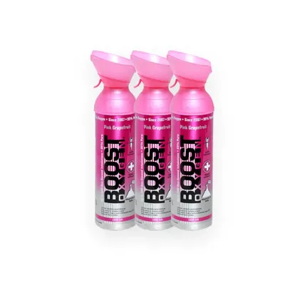 Obrázok produktu pre Boost Oxygen Čistý kyslík v plechovke - 27 litrov Ruzovy grapefruit, 95 % čistý kyslík v troch prenosných 9-litrových plechovkách na viac ako 4