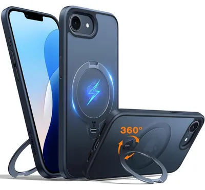 Produktbild von Hülle für iPhone 16e mit MagSafe und 360° Standring, Militärschutz, Schlank, Schwarz
