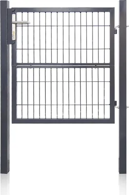 A dark grey metal garden gate with a wire mesh infill, shown from the front, standing between two posts. The gate has a handle and a lock mechanism.