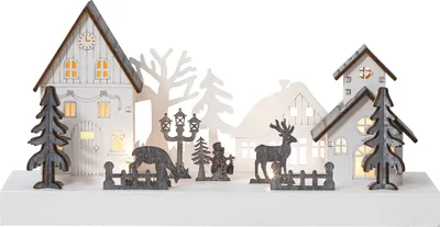 Produktbild von LED Weihnachtsdorf aus Holz, warmweiß, Timer, batteriebetrieben