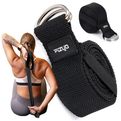 Obrázok produktu pre FIZYO Bavlnený Popruh na Jogu, Pilates, Fitness, Nastaviteľný s D-prackou, 100% Bavlna, Dĺžka 240 cm, na Naťahovanie a Držanie Pozícií (čierny)