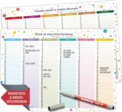 Produktbild von Magnetischer Immerwährender Kalender (2x A4 inkl. Stift) - Geburtstagskalender A4, 6 Monate je Kalender | Abwischbar & Wiederverwendbar mit Buntem Dots-Design – Jahresunabhängig