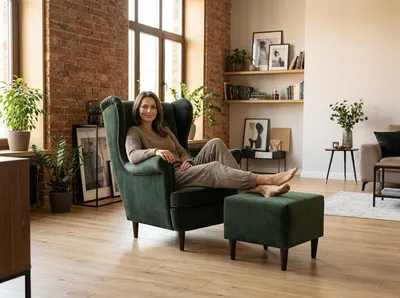 Produktbild von Ohrensessel mit Hocker DIANA Monolit – skandinavischer Sessel, Velours Dunkelgrau, Family Meble, KI-generiertes Bild