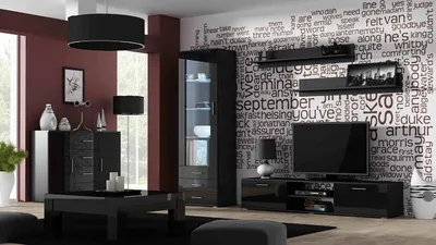 Obrázok produktu pre Obývacia zostava s LED bielym osvetlením KARA 2 - čierna / lesklá čierna