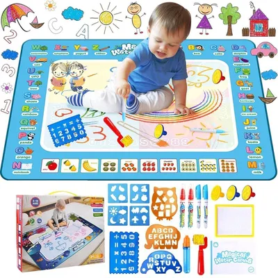 Produktbild von Wasser-Zeichenmatte für Kinder 100x80 cm – Aqua Magic Malmatte mit Stiften & Stempeln, Montessori Spielzeug 1–5 Jahre