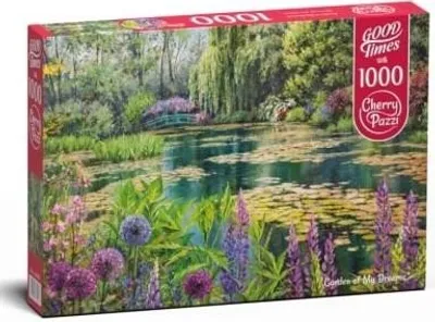 A box of a 1000-piece puzzle depicting a garden scene with a pond and flowers.