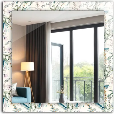 A mirror with a floral watercolor pattern frame, reflecting a room with a lamp and a window view.