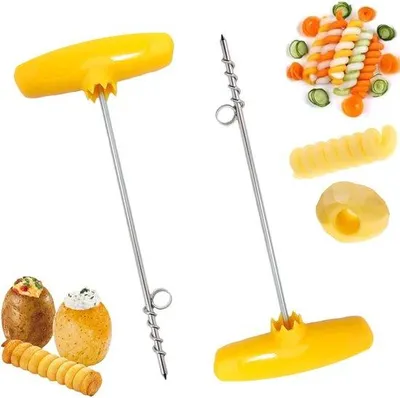 Produktbild von 2 Stück Gemüsespiralmesser, Spiralkartoffelschneider, hohle Kartoffelspiralmaschine, manuelle Spiralschneidemaschine, Kartoffelaushöhlmesser für Gurke, Karotte, Kartoffel, Grill (gelb)