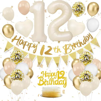Imagen del producto de Globos blancos, dorados y verdes para el 12º cumpleaños, con pancarta. Decoración de cumpleaños en color beige. Decoración para el 12º cumpleaños