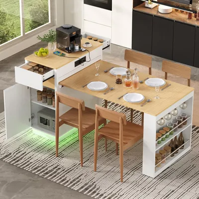 Productafbeelding van Keukeneiland met wielen, uitschuifbare eettafel, LED-stopcontact, haken, serveerwagen, dressoir, barkruk, keukentafel, wit, 80,5 x 58 x 94 cm