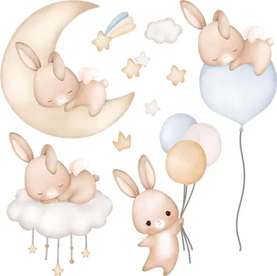 Produktbild von Wandaufkleber Kinderzimmer – Wandsticker für Baby & Kinder – Selbstklebende Wanddekoration – Abnehmbar ohne Rückstände – Deko für Mädchen & Jungen - Nachthimmel mit Ballons und Hasen in Pastellfarben60x53 cm