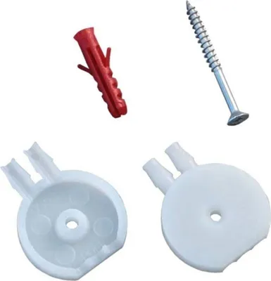 A red wall plug, a silver screw, and two white plastic mounting brackets are arranged on a white background.
