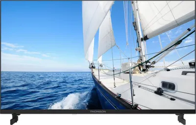 A television screen displaying a sailboat on the ocean.