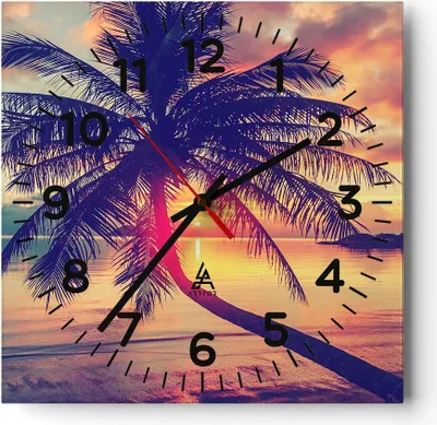 Produktbild von Wanduhr - Quadrat - Glasuhr - Meer Strand Palme - 30x30cm - Schleichendes Uhrwerk - Lautlos - zum Aufhängen bereit - Dekoration Modern - Wanddekoration aus Glas - C4AC30x30-3925