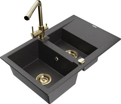 Produktbild von Mexen Gaspar 1,5-Becken-Granitspüle mit Abtropffläche und Mischbatterie Duero, Schwarz gesprenkelt - 6507-76-671600-50