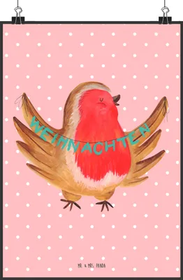 Produktbild von Mr. & Mrs. Panda Bild Rotkehlchen Weihnachten DIN A2 - Rot Pastell - Geschenk, drucke, Vogel, Wandbild, Plakat, Frohe, Posterdruck, Weihnachtsmotiv, Winter, wanddeko