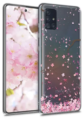 Produktbild von kwmobile Case kompatibel mit Samsung Galaxy A51 - Hülle Silikon transparent Kirschblütenblätter Rosa Dunkelbraun Transparent