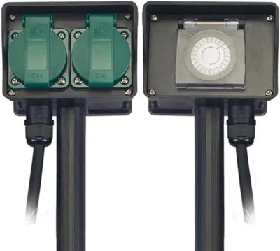 Productafbeelding van Buitenstroomkabel met Timer en Aardpen, 2 geaarde contactdozen, IP44