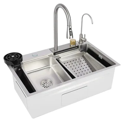 Imagen del producto de Fregadero de cocina, acero inoxidable, grifo extraíble, color plateado