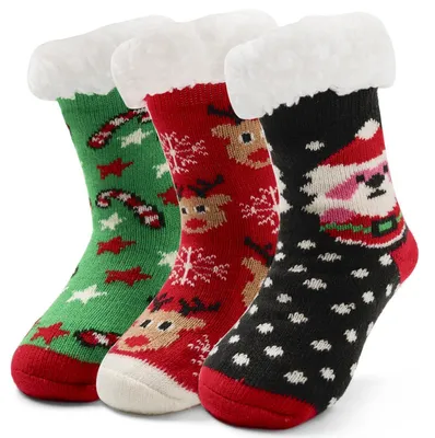Produktbild von Kindersocken 3 Paar Dicke Wintersocken Jungen Mädchen Haussocken Antirutsch Warme Kuschelsocken 23-31/3-10 Jahre Mix Weihnachten