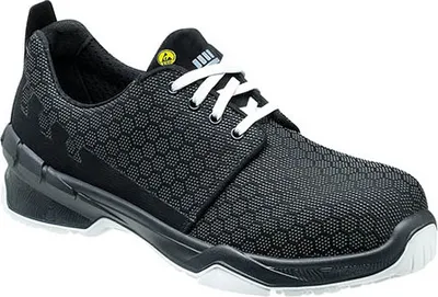 A single black safety shoe with white laces is shown against a white background.