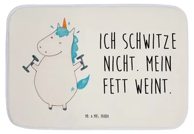 Produktbild von Mr. & Mrs. Panda Badematte Einhorn Fitness - Weiß - Geschenk, Fitnessstudio, Badezimmerteppich, Abnehmen, Badteppich, duschmatte, Unicorn, Gym, Sport, Duschvorleger, Diät